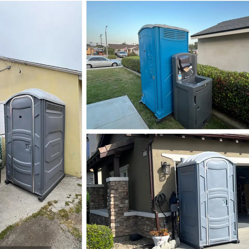 Three photos of gray and blue porta potties placed at homes, one with a hand wash station
