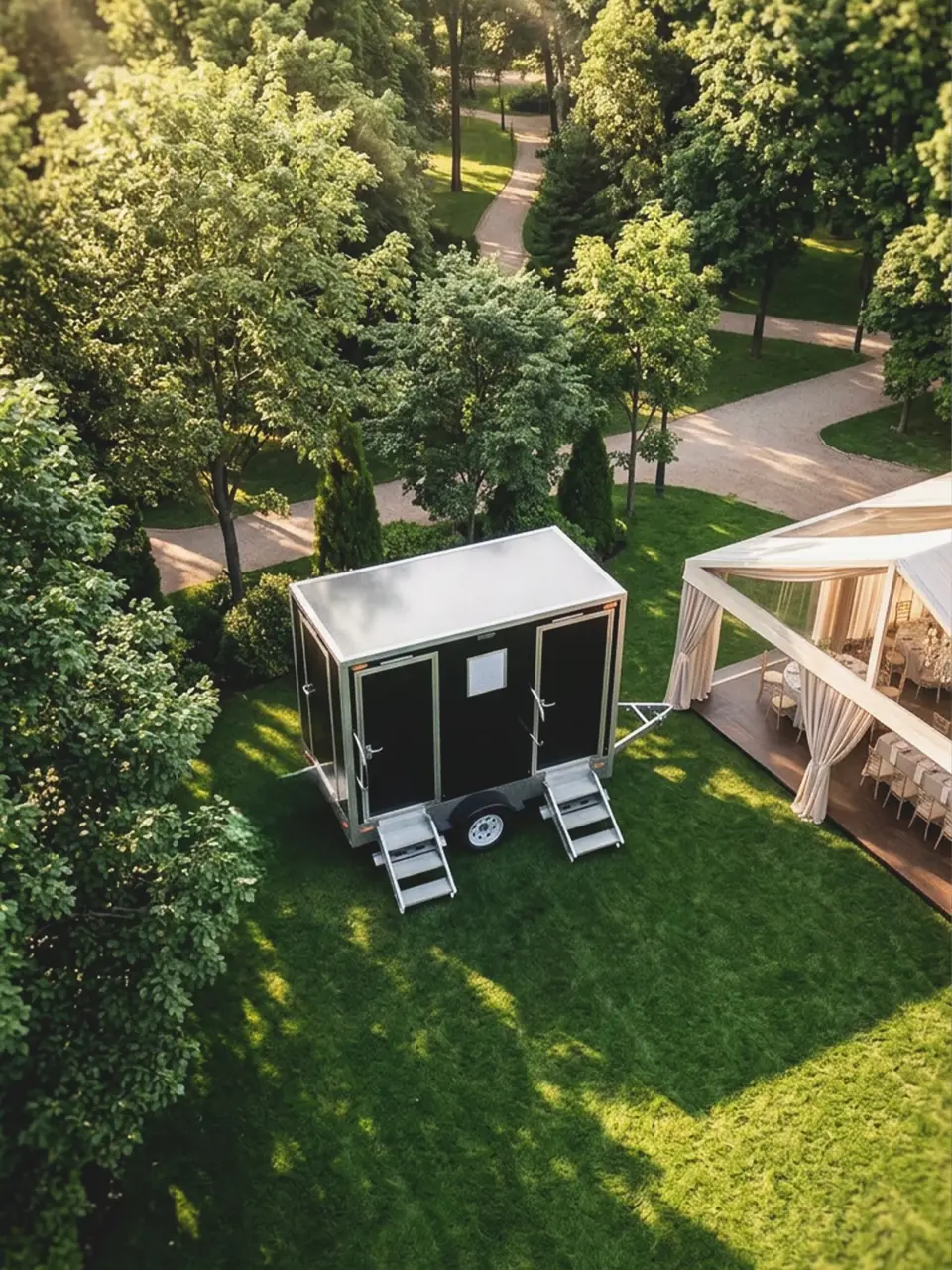 Aerial view of a restroom trailer on a garden lawn next to a tent